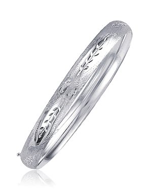 Classic Floral Carved Bangle in 14k White Gold (6.0mm)