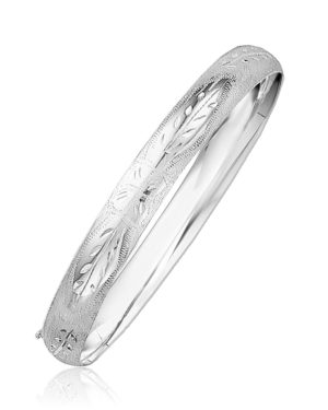 Classic Floral Carved Bangle in 14k White Gold (8.0mm)