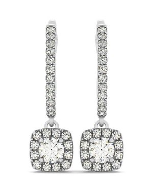 Cushion Shape Halo Style Diamond Drop Earrings in 14k White Gold (1/2 cttw)