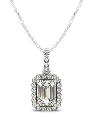 Halo Pendant With Emerald Center Diamond in 14k White Gold (1 1/5 cttw)