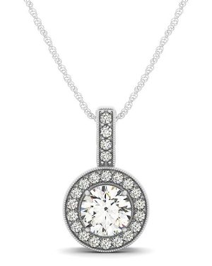 Milgrain Edge Diamond Halo Pendant in 14k White Gold (5/8 cttw)