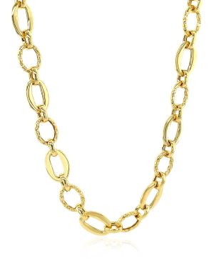 Shiny and Textured Oval Link Necklace in 14k Yellow Gold