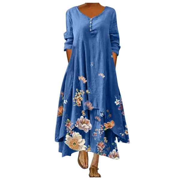 Summer Floral Print Long Sleeve Dresses Women O Neck Buttons Irregular Hem Maxi Dress Loose Plus Size Party Vestidos Long Dress 3