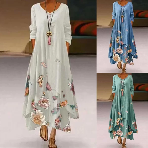 Summer Floral Print Long Sleeve Dresses Women O Neck Buttons Irregular Hem Maxi Dress Loose Plus Size Party Vestidos Long Dress 1