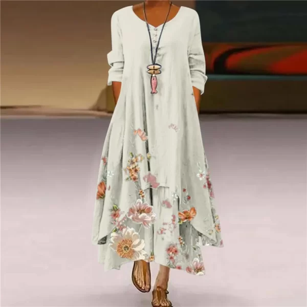 Summer Floral Print Long Sleeve Dresses Women O Neck Buttons Irregular Hem Maxi Dress Loose Plus Size Party Vestidos Long Dress 2