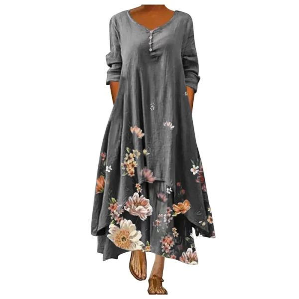 Summer Floral Print Long Sleeve Dresses Women O Neck Buttons Irregular Hem Maxi Dress Loose Plus Size Party Vestidos Long Dress 4