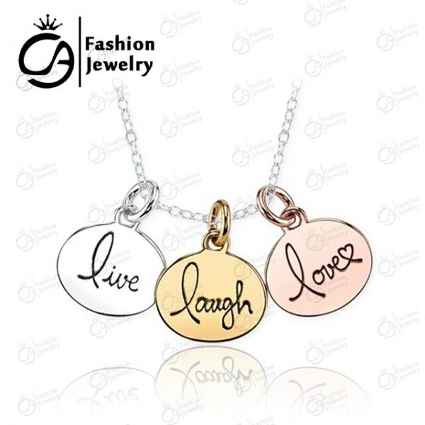 Tri-Tone Silver, Rose Gold, Yellow Gold 3 Parts “Live Laugh Love” Inspirational Pendant Necklace Boy Girl Gift 1