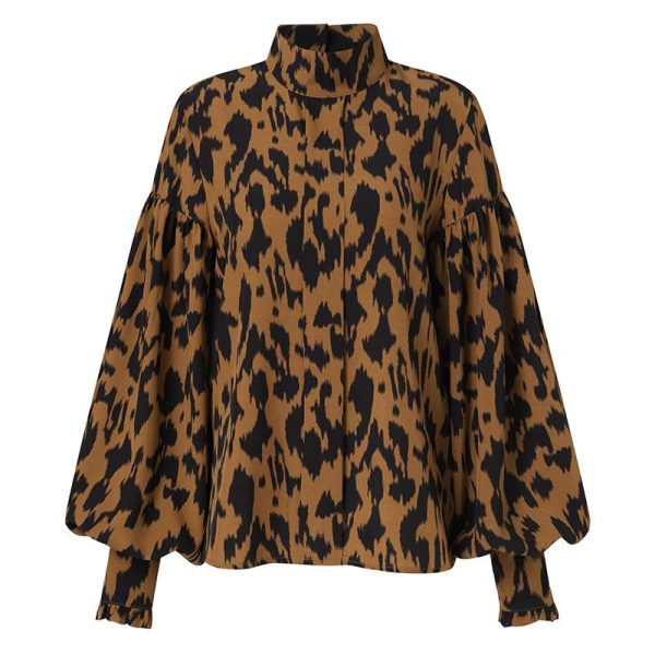 Elegant Blouses Women's Big Lantern Sleeve Sexy Leopard Print Blouse Celmia 2021 Fashion Stand Collar Casual Tunic Plus Size Top 3