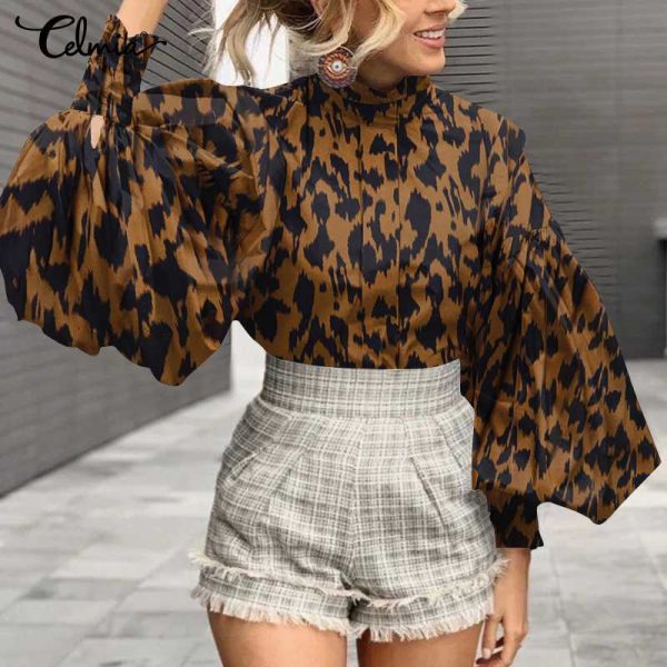 Elegant Blouses Women's Big Lantern Sleeve Sexy Leopard Print Blouse Celmia 2021 Fashion Stand Collar Casual Tunic Plus Size Top 1