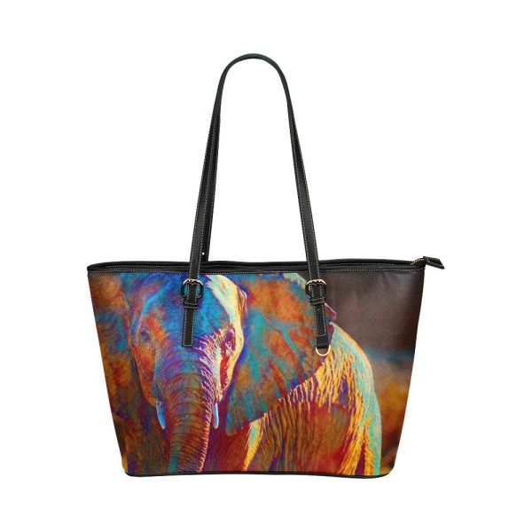 Designer Tote Bags, Colorful Elephant Art Leather Bag 1