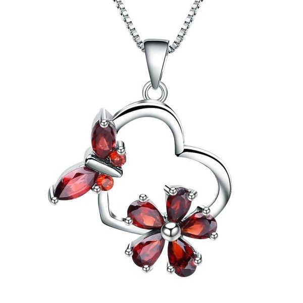 925 Sterling Silver, Natural Garnet Stone Floral Butterfly Pendant Necklace 1