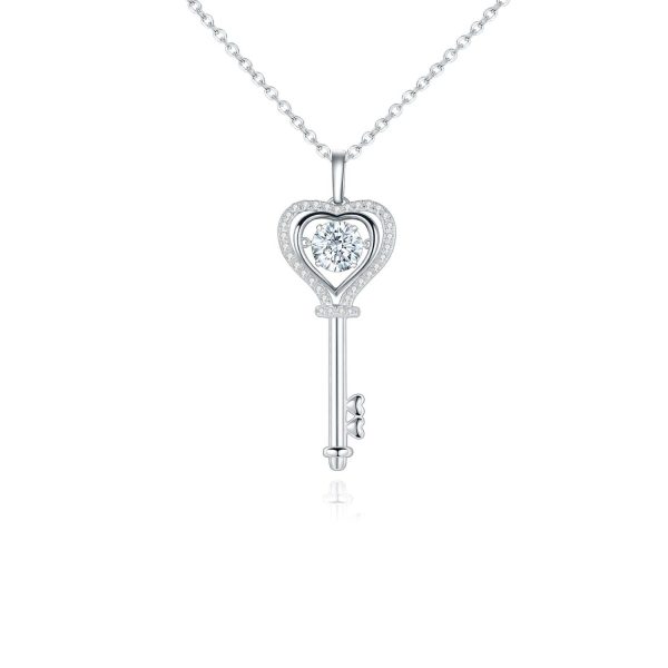 925 Sterling Silver, Moissanite Stone Heart Shaped Key Pendant Necklace 1