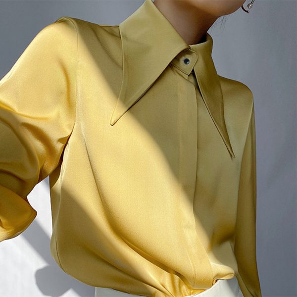 Vintage Satin Silk Women Shirt Elegant Turn Down Collar Woman Blouse 2