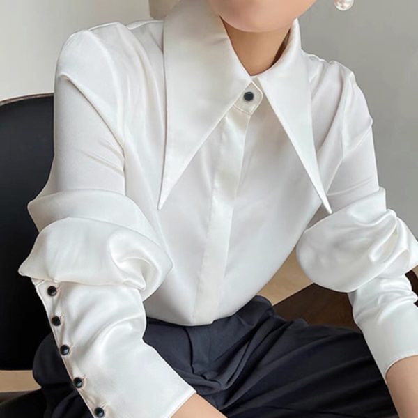 Vintage Satin Silk Women Shirt Elegant Turn Down Collar Woman Blouse 3