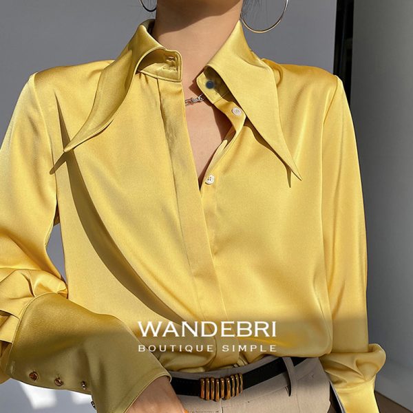 Vintage Satin Silk Women Shirt Elegant Turn Down Collar Woman Blouse 4