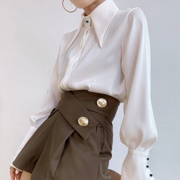 Vintage Satin Silk Women Shirt Elegant Turn Down Collar Woman Blouse 5