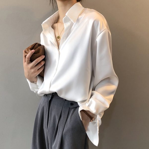 New Spring Turn-down Collar Women Shirt White Loose Satin Solid Blouse Women Top 1