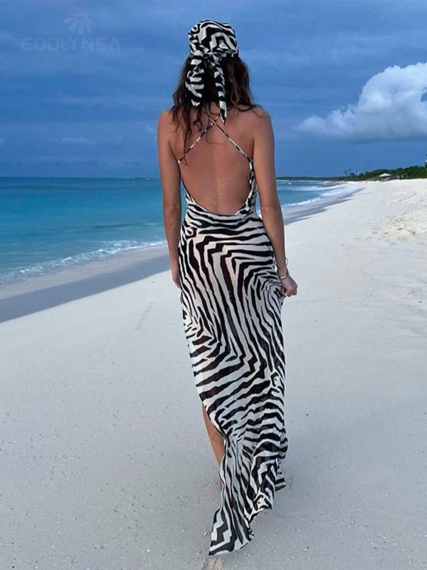 Zebra Pattern Spaghetti Strap Side Split Back Open Long Beach Dress Summer Women Beach Wear Swim Suit Cover Up 3