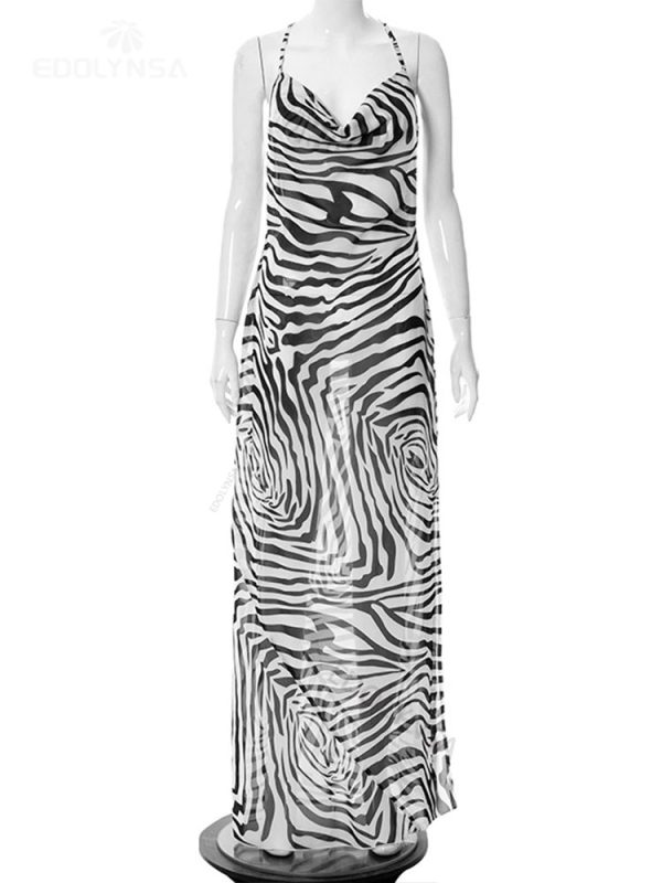 Zebra Pattern Spaghetti Strap Side Split Back Open Long Beach Dress Summer Women Beach Wear Swim Suit Cover Up 5