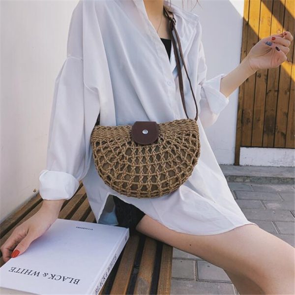 New Summer Rattan Bags Women Saddle Straw Shoulder Bag Handmade Crossbody Bag Lady Handbags Woven Bohemia Clutch 1