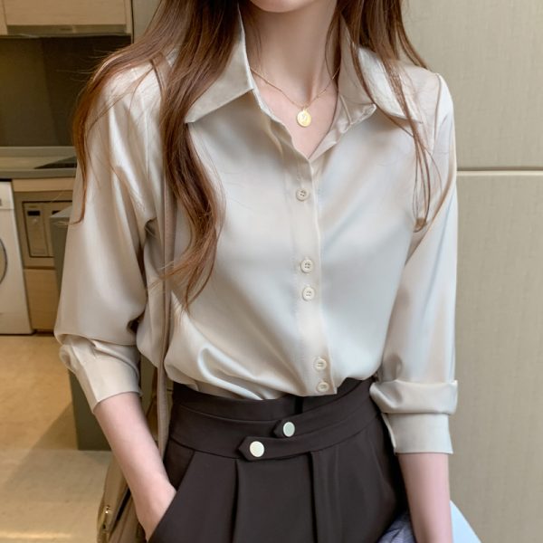 Women's Silk Shirts V-neck Solid Laides Tops Womens Fall Fashion Satin Long Sleeve Blouses Button Up White Vintage Top 2