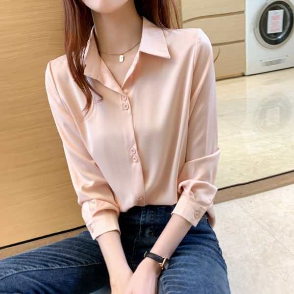 Women's Silk Shirts V-neck Solid Laides Tops Womens Fall Fashion Satin Long Sleeve Blouses Button Up White Vintage Top 3