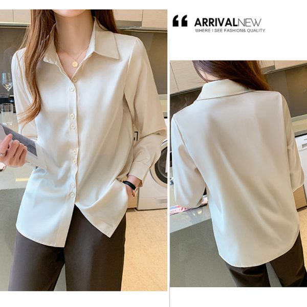 Women's Silk Shirts V-neck Solid Laides Tops Womens Fall Fashion Satin Long Sleeve Blouses Button Up White Vintage Top 6