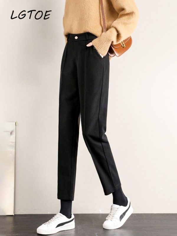 Casual High Waist Wool Harem Pants Women Autumn Winter Warm Thick Black Office Straight Pencil Suit Trousers Korean Fashion Pant 3
