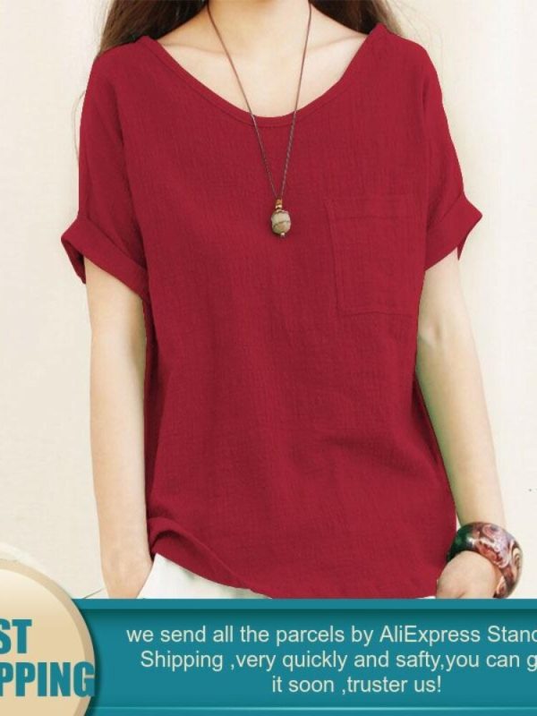 Green Loose Cotton Linen Blouse Oversize 5XL Blouses Women 2023 Summer Shirts Casual Short Sleeve O Neck Solid Shirt Lady Tops 2