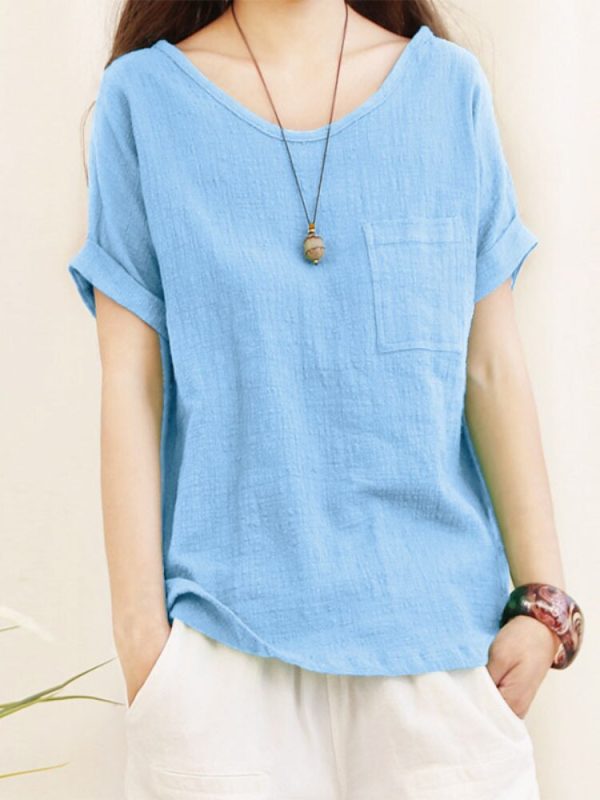 Green Loose Cotton Linen Blouse Oversize 5XL Blouses Women 2023 Summer Shirts Casual Short Sleeve O Neck Solid Shirt Lady Tops 4