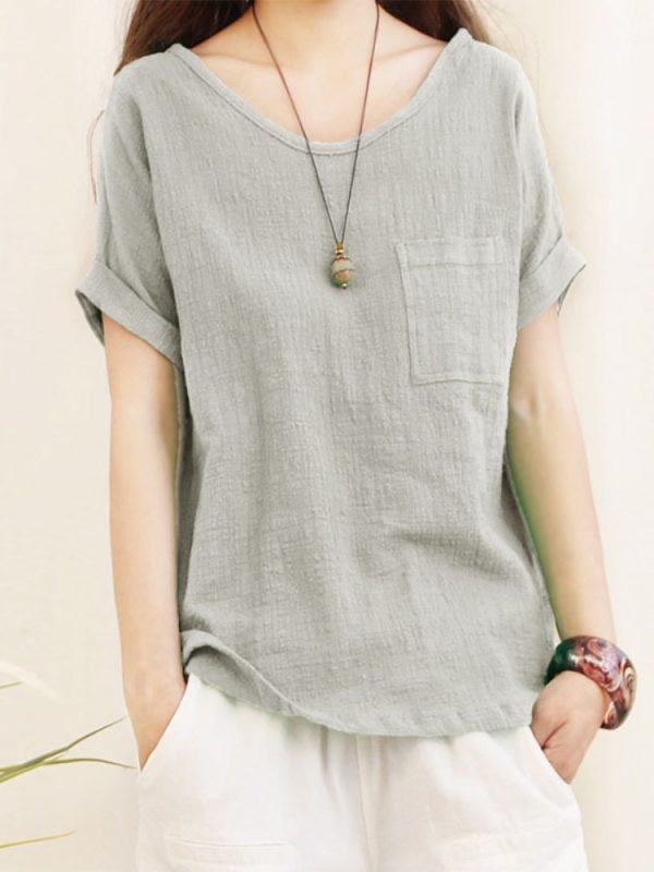 Green Loose Cotton Linen Blouse Oversize 5XL Blouses Women 2023 Summer Shirts Casual Short Sleeve O Neck Solid Shirt Lady Tops 1