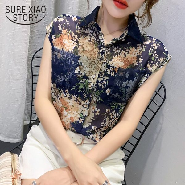 Summer Blouse Sleeveless Shirts Women Vintage Floral Print Blouses Ladies Tops Blouse Mujer Casual Chiffon shirt 10225 2