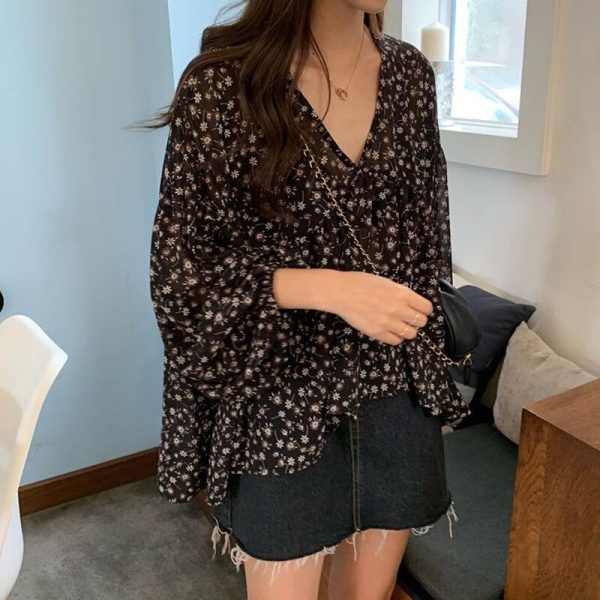 V-neck Chiffon Shirt Women Sweet Tops Blouse 2022 Spring New Korean Floral Print Long Sleeve Casual Loose Slim Lady Clothes 9307 2