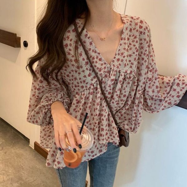 V-neck Chiffon Shirt Women Sweet Tops Blouse 2022 Spring New Korean Floral Print Long Sleeve Casual Loose Slim Lady Clothes 9307 3