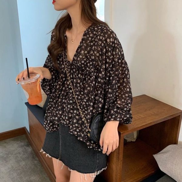 V-neck Chiffon Shirt Women Sweet Tops Blouse 2022 Spring New Korean Floral Print Long Sleeve Casual Loose Slim Lady Clothes 9307 4