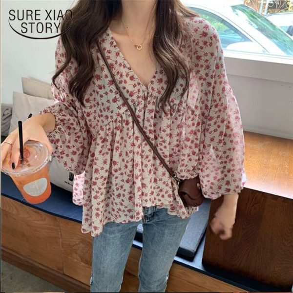 V-neck Chiffon Shirt Women Sweet Tops Blouse 2022 Spring New Korean Floral Print Long Sleeve Casual Loose Slim Lady Clothes 9307 5