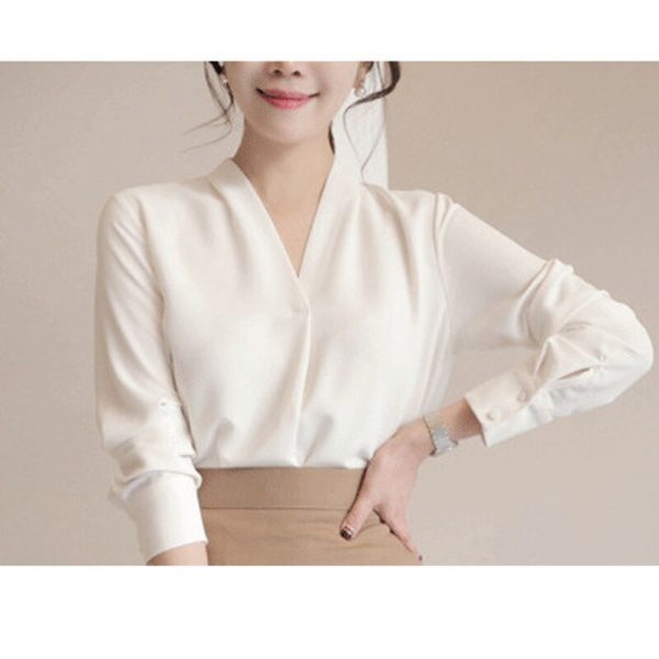 Women Shirts Long Sleeve Solid White Chiffon Office Blouse 4