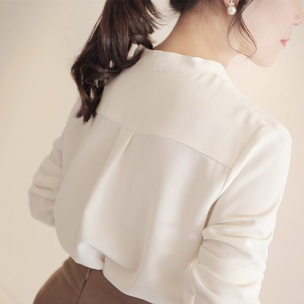 Women Shirts Long Sleeve Solid White Chiffon Office Blouse 5