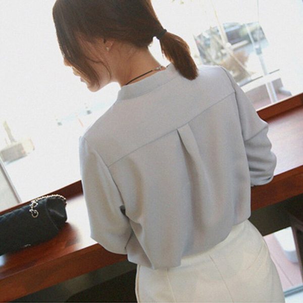 Women Shirts Long Sleeve Solid White Chiffon Office Blouse 6