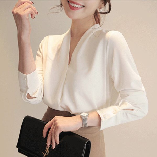 Women Shirts Long Sleeve Solid White Chiffon Office Blouse 1
