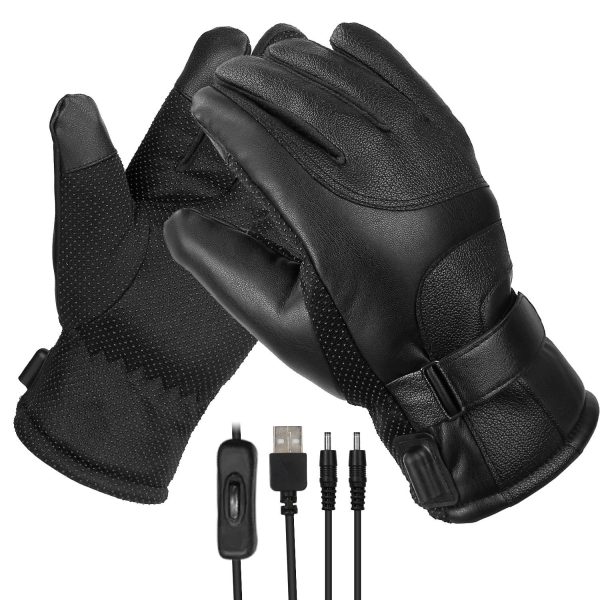 Electric Heated Gloves USB Plug Touchscreen Thermal Gloves Leather Windproof Winter Hands Warmer Unisex 12