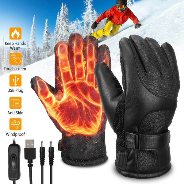 Electric Heated Gloves USB Plug Touchscreen Thermal Gloves Leather Windproof Winter Hands Warmer Unisex 1