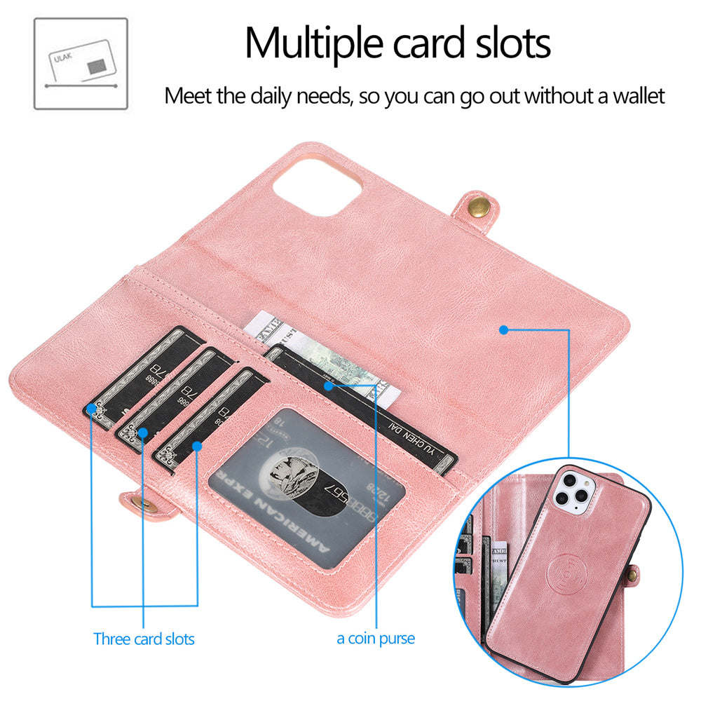 Vegan Leather Magnetic Card Holder Wallet Case with Strap for iPhone X to 14 Series 105