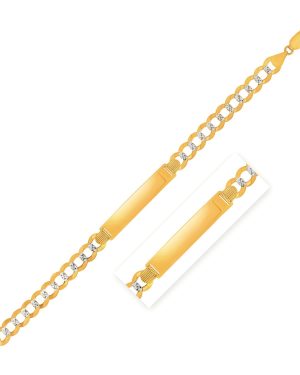 14k Two Tone Gold 8 1/2 inch Mens Narrow Curb Chain ID Bracelet with White Pave