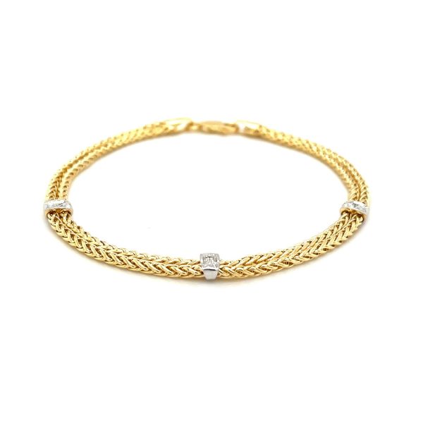 14k Two-Tone Gold Dual Wheat Chain Bracelet with Diamond Stations (.02 cttw) 1