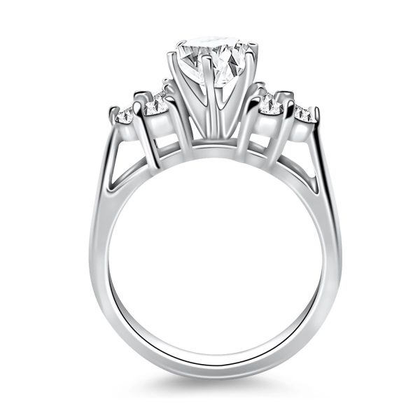 14k White Gold Cathedral Engagement Ring with Side Diamond Clusters 1