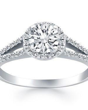 14k White Gold Diamond Halo Split Shank Engagement Ring