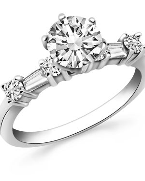 14k White Gold Engagement Ring with Round and Baguette Diamonds