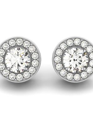 14k White Gold Round Diamond Halo Milgrain Border Earrings (3/4 cttw)