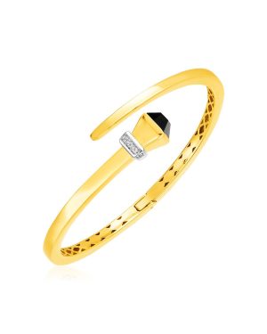 14k Yellow Gold Crossover Style Hinged Bangle Bracelet with Onyx and Diamonds